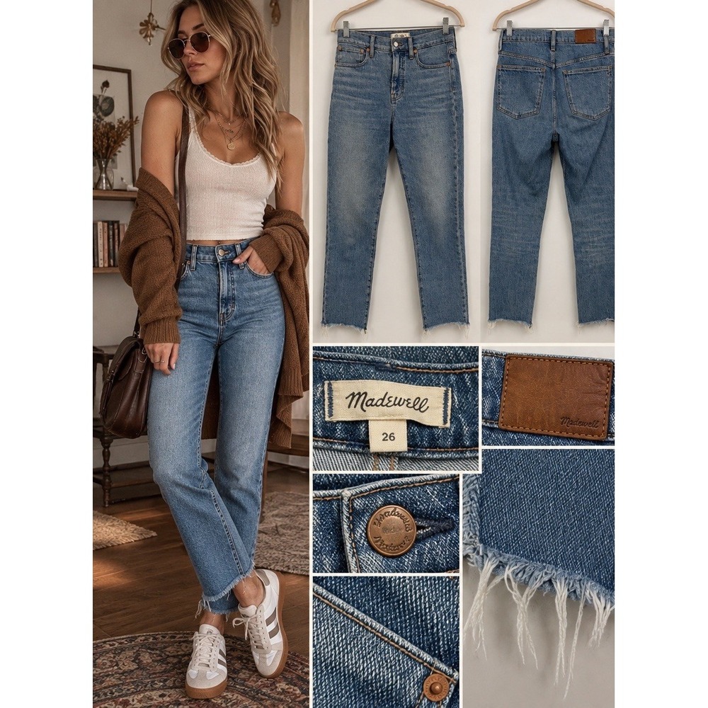 Madewell Perfect Vintage Jeans 26 High Rise Straight Leg Raw Hem Blue Denim 90s